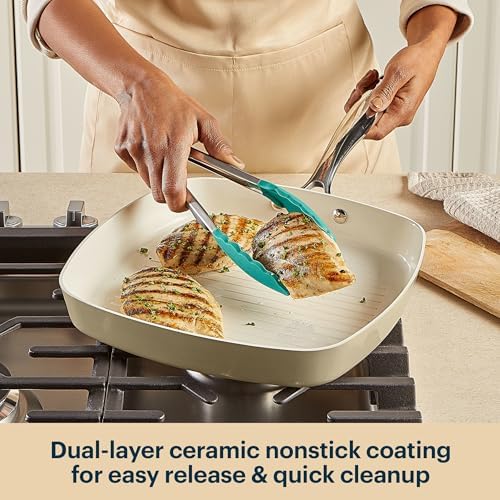 Pyrex 11-Inch Grill Pan Ceramic Cookware with Stainless Steel Handles