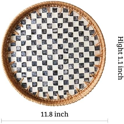 Round Rattan Tray with Mother of Pearl Inlay, Wooden Base