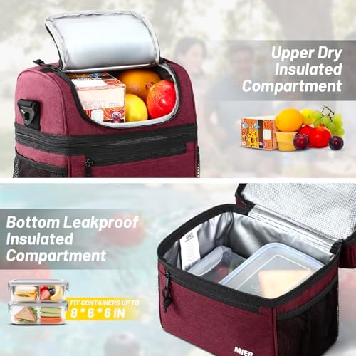 MIER Insulated Lunch Box Bags for Men Women, Dual Compartment, Burgundy