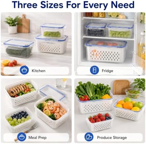 3 Pcs Fruit Storage Containers for Fridge, Produce Storage Containers with Removable Colander Basket & Airtight Lid, BPA-free food storage containers, for Fruits, Vegetables & Meat Grey