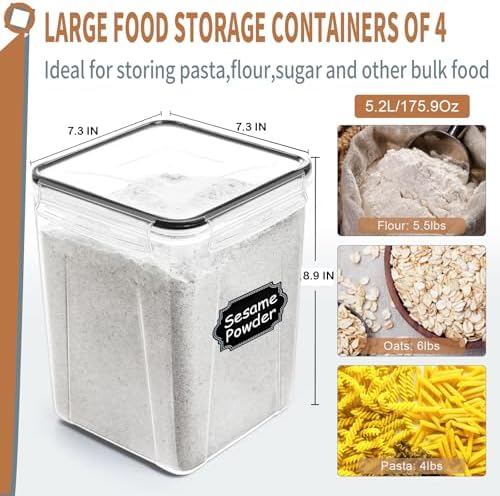 PRAKI Large Airtight Food Storage Containers 5.2L / 195oz, 4pcs Pantry Kitchen Organizers and Storage for Flour, Sugar, Baking Supplies, BPA Free, Plastic Flour Containers with 20 Labels & Maker