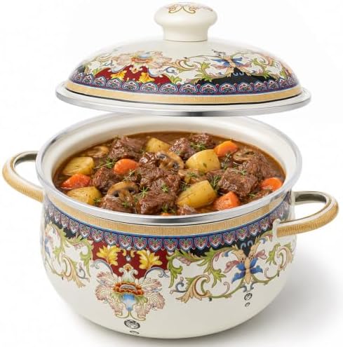 3.5 Qt Enamel Stock Pot with Lid, Floral Soup Pots for Cooking