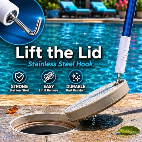 The Skimmie (Long Version) Pool Skimmer Net & Pole 53" with Stainless Steel Hook, Two Skimmer Basket Handles, Fine Mesh Net & Skimmie Dip - Hands-Free Removal of Debris, Bugs, Frogs, Small, Animals