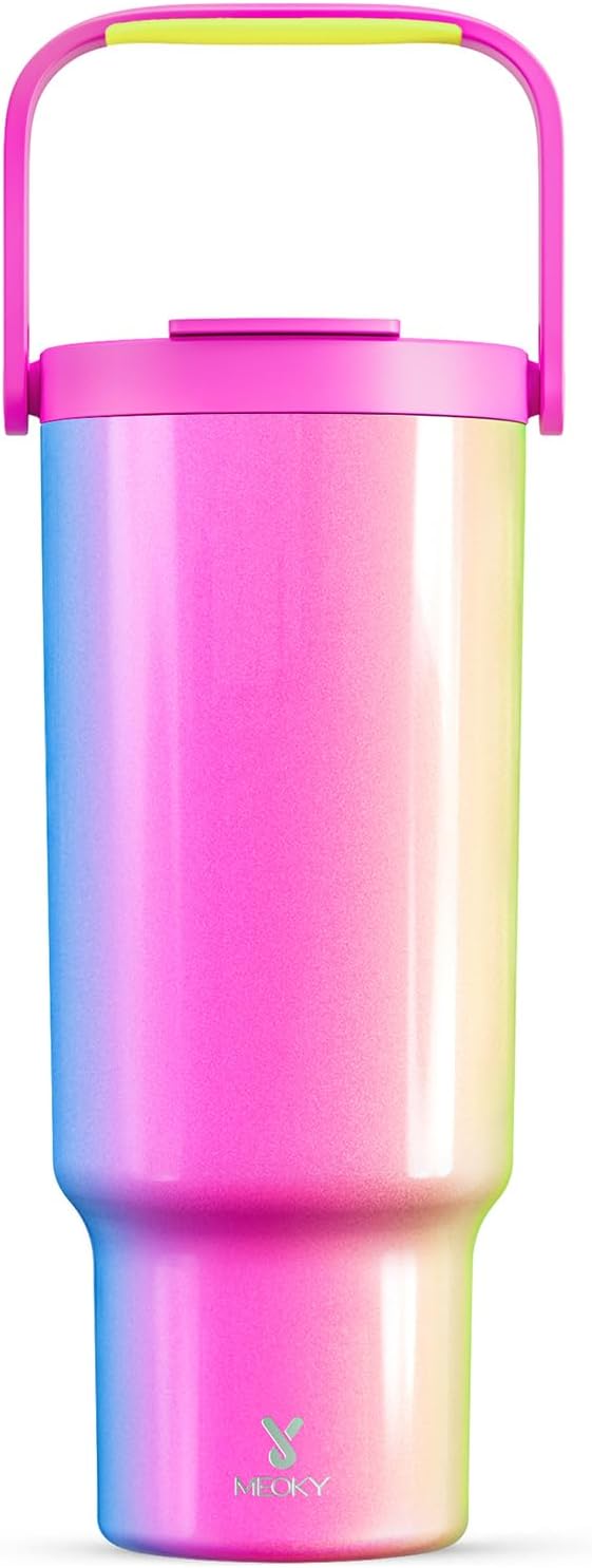 Meoky 40 oz Tumbler with Handle and Straw, Insulated Water Bottle, Stainless Steel Travel Mug, Keeps Cold for 34 Hours, 100% Leak Proof, Fits in Car Cup Holder (Carnival)