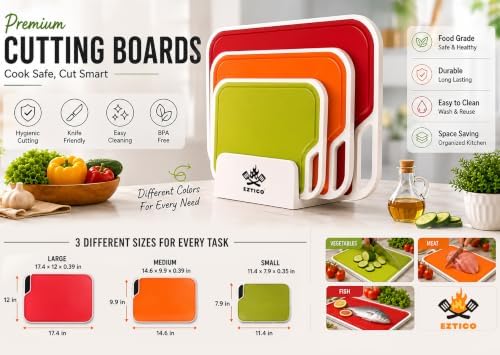 Large Cutting Board 17.5" x 12" Set of 3 with Storage Stand – Extra Large BPA Free Plastic Cutting Boards for Kitchen – Non Slip Chopping Boards with Juice Groove & Easy Grip Handles – Dishwasher Safe