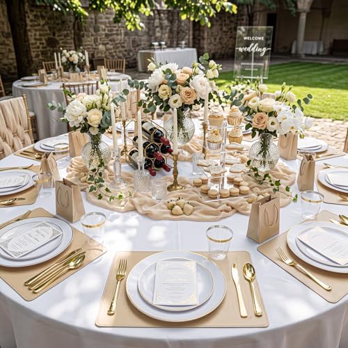 KIRE 100PCS White Plates with Gold Trim - Plastic Disposable Plates - Includes 50Pieces 10.25inch Dinner and 50Pieces 7.5inch Dessert/Salad Plastic Plate for Wedding Receptions/Party/Thanksgiving