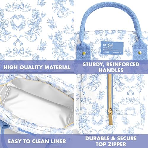 Fit & Fresh Bloomington Lunch Bag for Women - Insulated Large Lunch Box for Work with Containers, Leak-Resistant, Stain-Resistant, Zipper Closure, Blue Cupid Bows