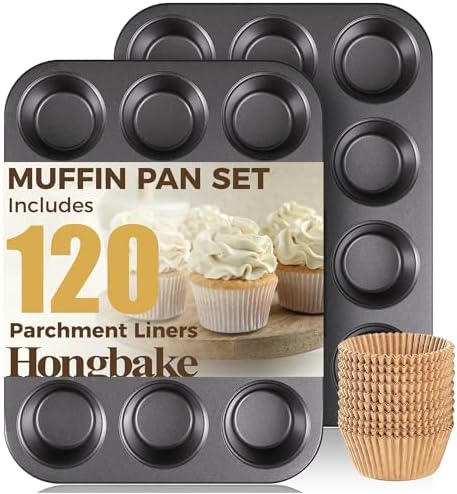 HONGBAKE Muffin Pans with 120 Natural Parchment Liners, Nonstick Cupcake Baking Tray for Oven, Premium Standard Size, 12 Cup, 2 Pack, Dark Grey
