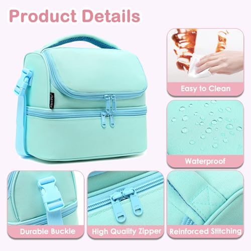 FlowFly Double Decker Cooler Insulated Lunch Bag Large Tote for Boys, Girls, Men, Women, With Adjustable Strap,Light Blue