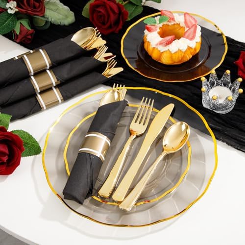 Supernal 120Pack Pre Rolled Black and Gold Plastic Silverware Set