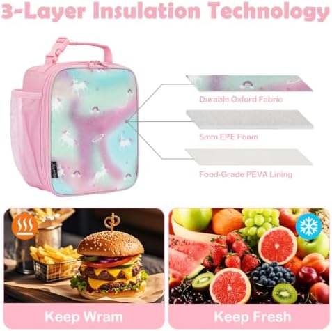 FlowFly Kids Lunch box Insulated Soft Bag Mini Cooler Back to School Thermal Meal Tote Kit for Girls, Boys, Glitter-Unicorn