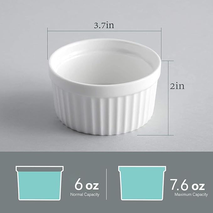 6 oz Ramekins Set of 6, Porcelain Ramekins Dishes for Creme Brulee,Souffle, Lava Cakes, Pudding, Custard Cups for Baking and Dipping,Oven Safe, White 3.7 inch