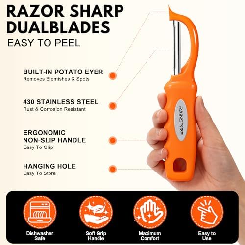 Rainspire Vegetable Peeler Potato Peelers for Kitchen, Sharp Stainless Steel Blades Veggie, Comfortable Handle Fruit Peeler, Carrot Peeler Apple Peeler Dishwasher Safe (2, Orange)