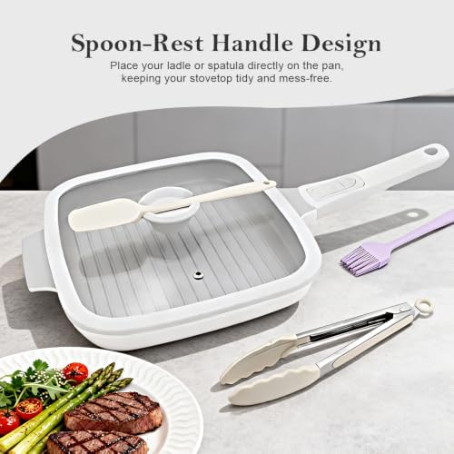 RANX INGST Nonstick Ceramic Griddle Pan with Lid, 10 Inch Steak Pan- White