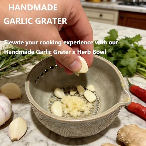 Handmade Pottery Garlic Grater Herb Stripper Bowl, 2-in-1 Ceramic Herb Stripper and Garlic Grater Bowl, Different Sizes of Round Holes, Kitchenware for Root Removal