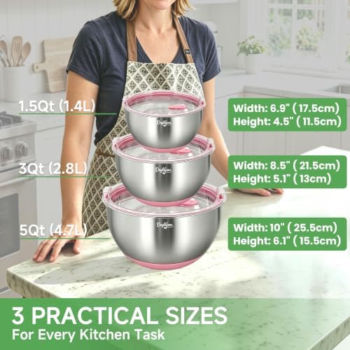 Mixing Bowls with Clear Airtight Lids, 3-Piece Stainless Steel Set, Pink