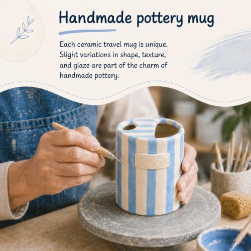 Ceramic Coffee Mug with Sip Hole 12oz, To Go Ceramic Mug Striped