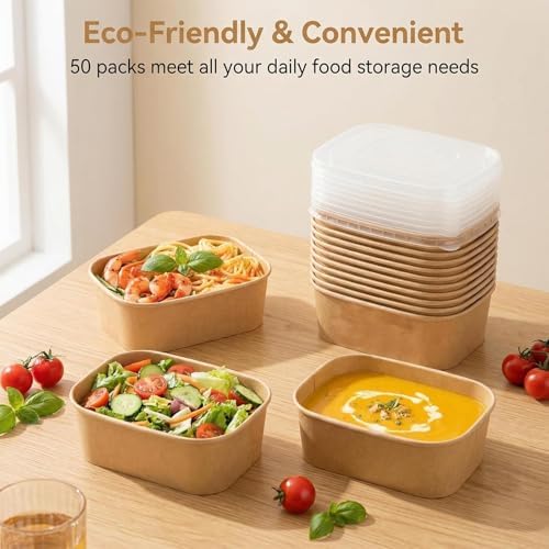 50 Pack Disposable Meal Prep Containers, 25oz Disposable Large Paper Bowls with Lids and Forks for Salad, Noodles, Freezer and Microwavable Storage Use Cardboard Food Containers