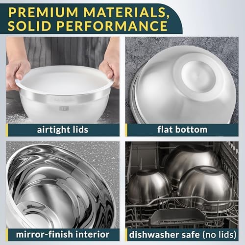 Stainless Steel Mixing Bowls with Lids Set of 5, Nesting Metal, 0.5-5 Qt