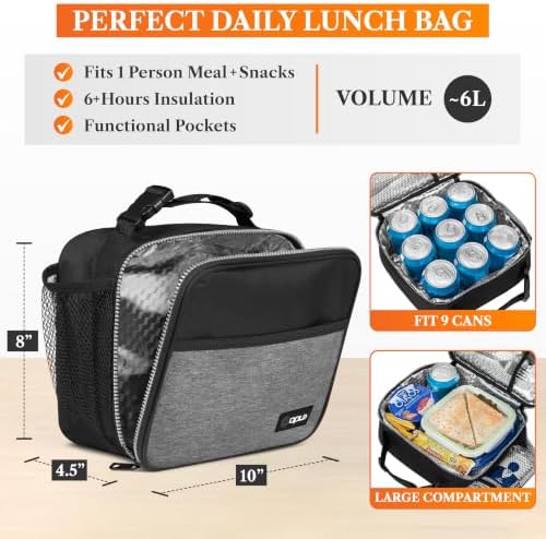 opux Insulated Lunch Bag for Kids, Reusable Lunch Box for School, Gray