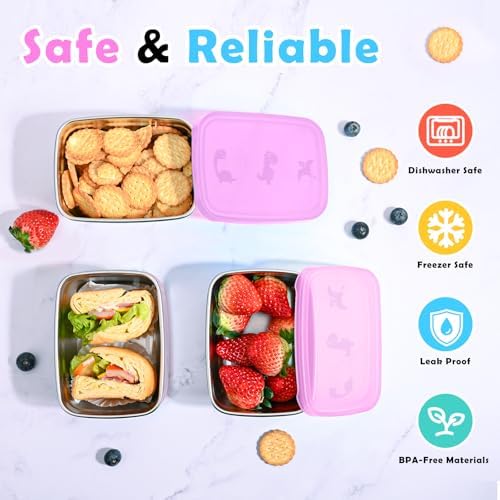 Tanjiae 3-Pack Stainless Steel Snack Containers for Kids & Toddlers - 550ml (18oz) Leakproof Colorful Lids with Cute Dinosaurs | LFGB Certified, Stackable Metal Lunch Box for Daycare, School, Travel