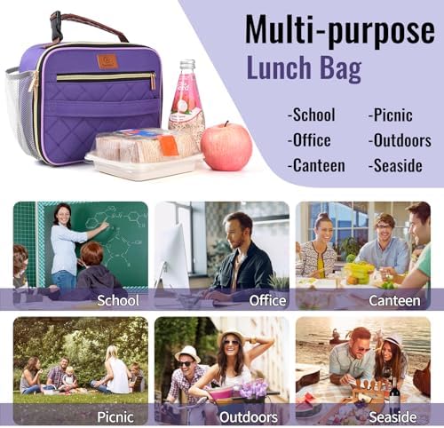 Genteen Lunch Box for Kids, Boys - Insulated Small LunchBox Reusable, Zip Closure & Buckle Handle, Portable Cooler for Work, School, Travel (Purple)