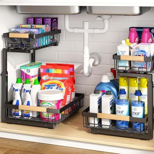 PXRACK Under Sink Organizer, Adjustable Height, 2 Tier Pull Out Under Cabinet Organizer, Slide Out Thickened Metal Under Sink Storage for Kitchen Bathroom Laundry Pantry Cabinet, Black, Small-1-Pack