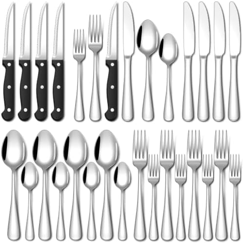 EUIRIO 24 Piece Silverware Set with Steak Knives Food Grade Stainless Steel Flatware Set for 4 Cutlery Utensil Set Includes Knife Mirror Polished Dishwasher Safe for Home Restaurant
