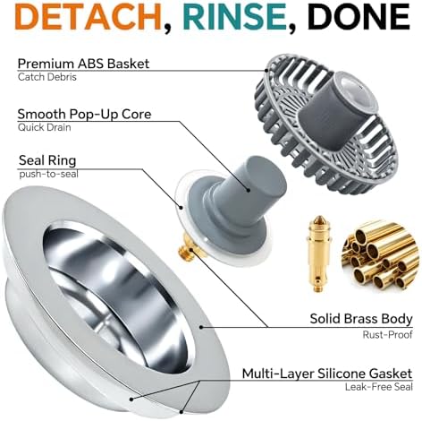 Solid Brass Body 3-in-1 Kitchen Sink Drain Strainer & Stopper, Heavy Duty Pop Up Plug Assembly with 2 Baskets, Anti-Clog Replacement for US Standard 3-1/2 Inch Drains, Rust-Proof Silver