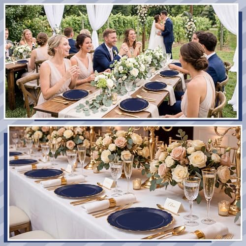 NatNarr 30 Pk Navy Blue Paper Plates 9" Scalloped Blue Gold Party Plates