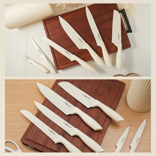 Knife Set, 8-Piece Kitchen Knife Set with Universal Block - Anti-Rust Chef Knives, Ergonomic Design, Dishwasher Safe (Cream)