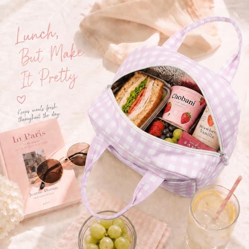 LOVELYWIND Lunch Bag for Women, Insulated Lunch Box, Purple Gingham Tote