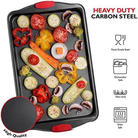 Eatex Nonstick Baking Sheet Set, 3-Piece Baking Pans Set with Silicone Handles, Carbon Steel Cookie Sheets for Baking, Commercial Grade Quality Oven Tray, Quarter/Jelly Roll/Half Sheet Pans for Baking