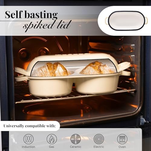 Dutch Oven For Sourdough Bread Baking – Enamelled Cast Iron Bread Loaf Pot – 500°F Oven Safe Non Stick Bread Pot – Double Round Loaf Space, 16.5cm Diameter, Cream, – by Nuovva