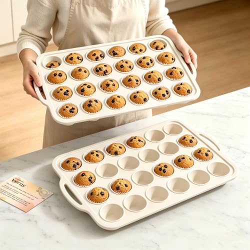 Beige Mini Silicone Muffin Molds: 2 Pack 24 Small Cupcake Mold for Baking