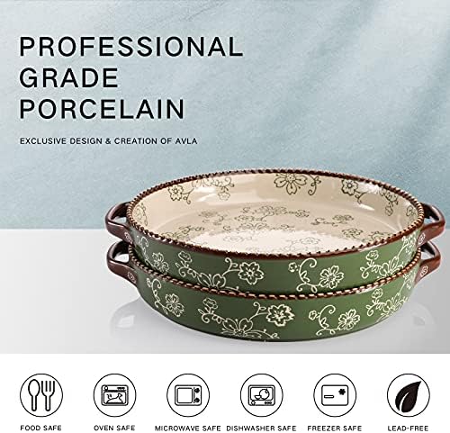 AVLA 2 Pack Ceramic Pie Pan, 9 Inch Round Baking Dish with Double Handle, 28 Ounce Deep Quiche Plates for Kitchen, Cooking, Roasting Lasagna (Sakura, Green)