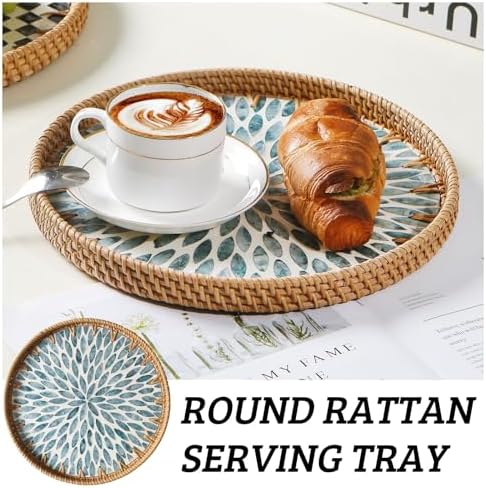 Round Rattan Tray with Mother of Pearl Inlay, Wooden Base