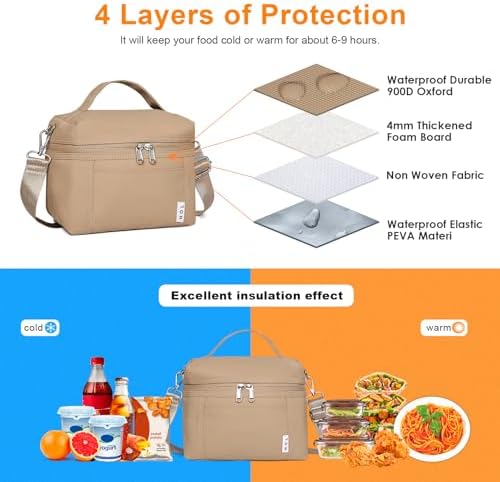 NOL 4L Insulated Lunch Bags for Women Cooler Bag Lightweight Nylon Waterproof Lunch Box for Work, Small, Khaki