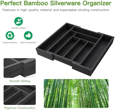 Pipishell Bamboo Expandable Drawer Organizer for Utensils Holder, Adjustable Cutlery Tray, Wood Drawer Dividers Organizer for Silverware, Flatware, Knives in Kitchen, Bedroom, Living Room (Black)