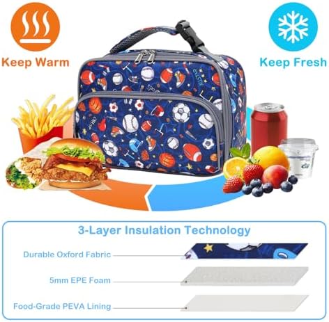 FlowFly Kids Lunch box with buckle Insulated Cooler Back to School Thermal Meal Tote Kit for Girls, Boys (Rugby)