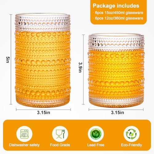 KMIGRUAN Hobnail Drinking Glasses Set of 12, 15Oz & 12Oz Cocktail Glasses