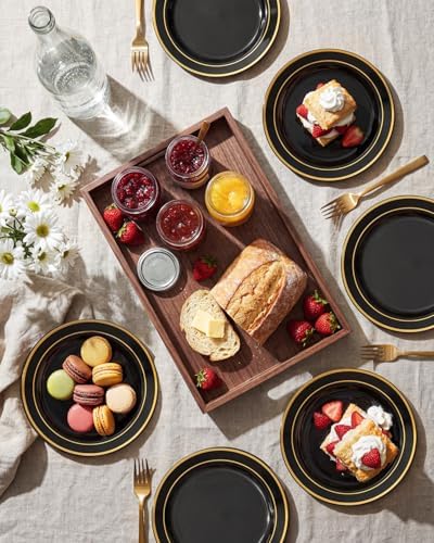 bUCLA 200PCS Black and Gold Plastic Plates - 6.25inch Black with Gold Rim Disposable Dessert/Salad/Appetizer/Small Cake Plates - Ideal for Party & New Year