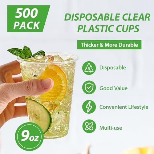 Lilymicky 500 Pack 9 oz Disposable Plastic Cups, 9 oz Clear Plastic Cups