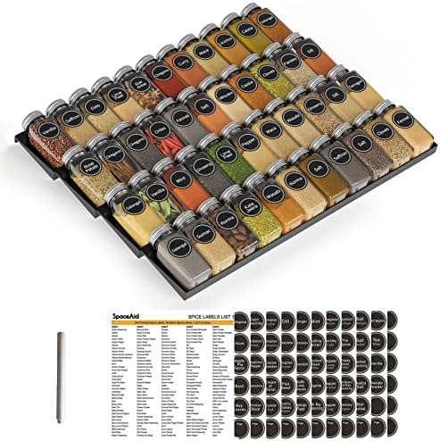SpaceAid Spice Drawer Organizer with 44 Spice Jars, 386 Spice Labels, 4 Tier Seasoning Rack Tray Insert for Kitchen Drawers, 20.25" Wide x 17.5" Deep