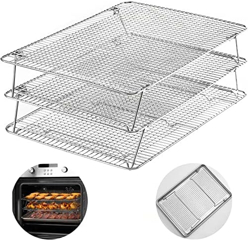 HIWARE Oven-Salf Collapsible Cooling Rack for Baking, 3 Tier 12”x 16.5”, Stainless Steel and Fit Half Sheet, Stackable Wire Cooling Racks for Cookie, Pizza, Cake