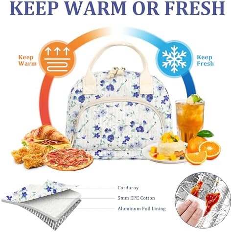TESAFNG Lunch Bag - Insulated Lunch Box for Women, Reusable Large Capacity Cooler Bag for Adult, Small Leakproof Cute Corduroy Lunch Tote for Work Office Travel Picnic (Blue Flower)