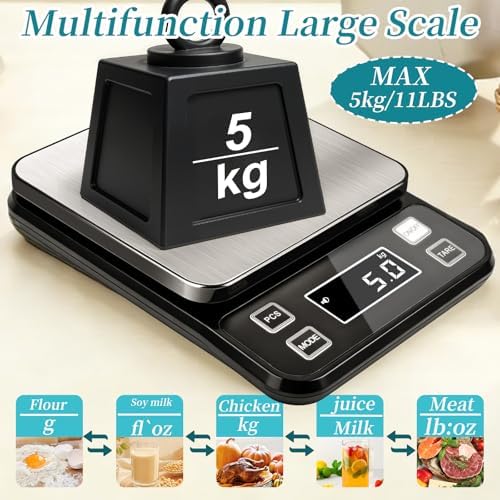 Digital Food Scale 11lb/5kg, Waterproof Kitchen Scale, Tare Function and 2 Power Options with Batteries, Stainless Steel Gram Scale for Cooking and Baking