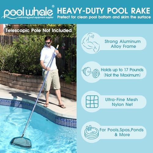 17.5" Aluminum Frame Pool Skimmer Rake Net, Deep Nylon Bag (No Pole)