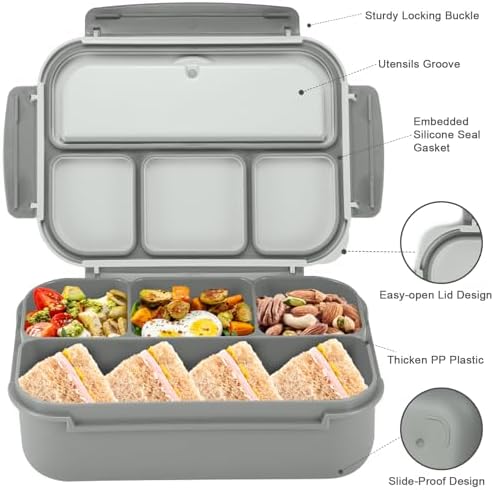 Bento Box Adult Lunch Box, Lunch Containers for Kids Girls Boys with 4 Compartments, Lunchable Food Container with Utensils, Sauce Jar, Muffin Liners, 40 Oz/5 Cup, Microwave & Dishwasher Safe, Gray