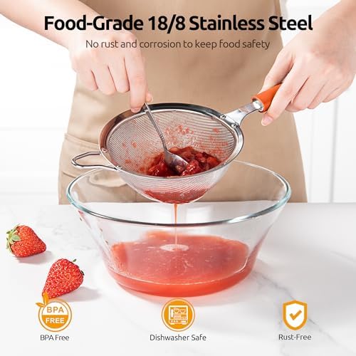 U-Taste Fine Mesh Strainer, 18/8 Stainless Steel Sieve 30 Mesh, M/Orange